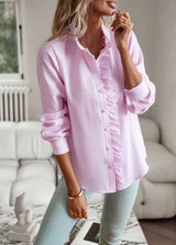 Spread Collar Striped Ruffles Shirt - L, Pale Mauve Pink image