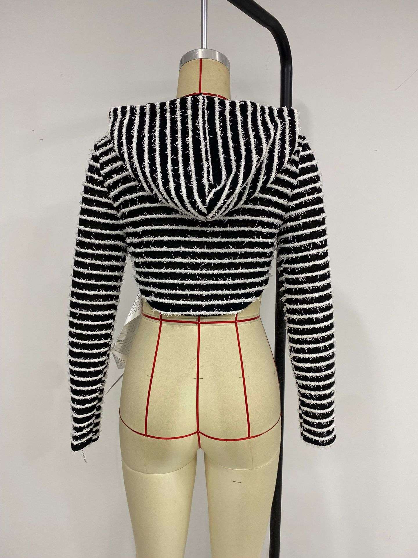 Striped Print Zip Up Drawstring Hooded Crop Jacket image 3