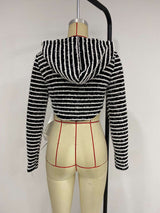 Striped Print Zip Up Drawstring Hooded Crop Jacket image 3