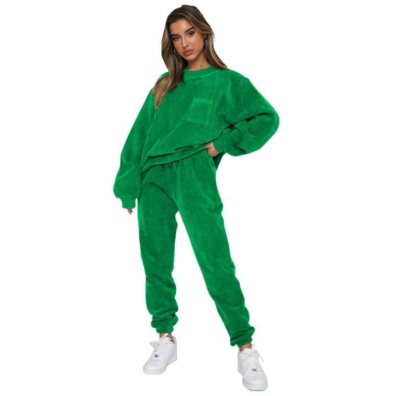 Fluffy Casual Pullover Tops Pants Sets - XL, Green image