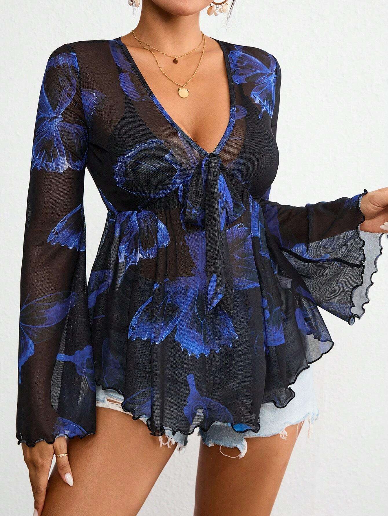 Butterfly Tie-Front Blouse - S, Black image