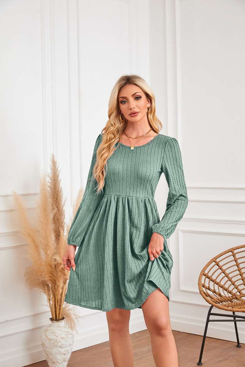 Long-sleeved Solid round neck Dress - L, Summer Green image