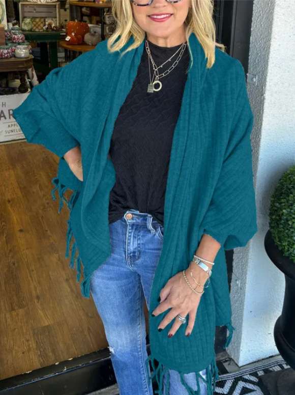 Tassel Cardigan Wrap Open Front Poncho Sweater - Free Size, Olympian Blue image