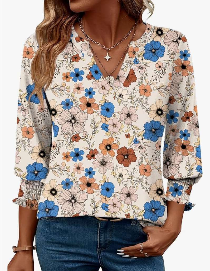 V-Neck Blouse with Smocked Cuffs - M, Blue image