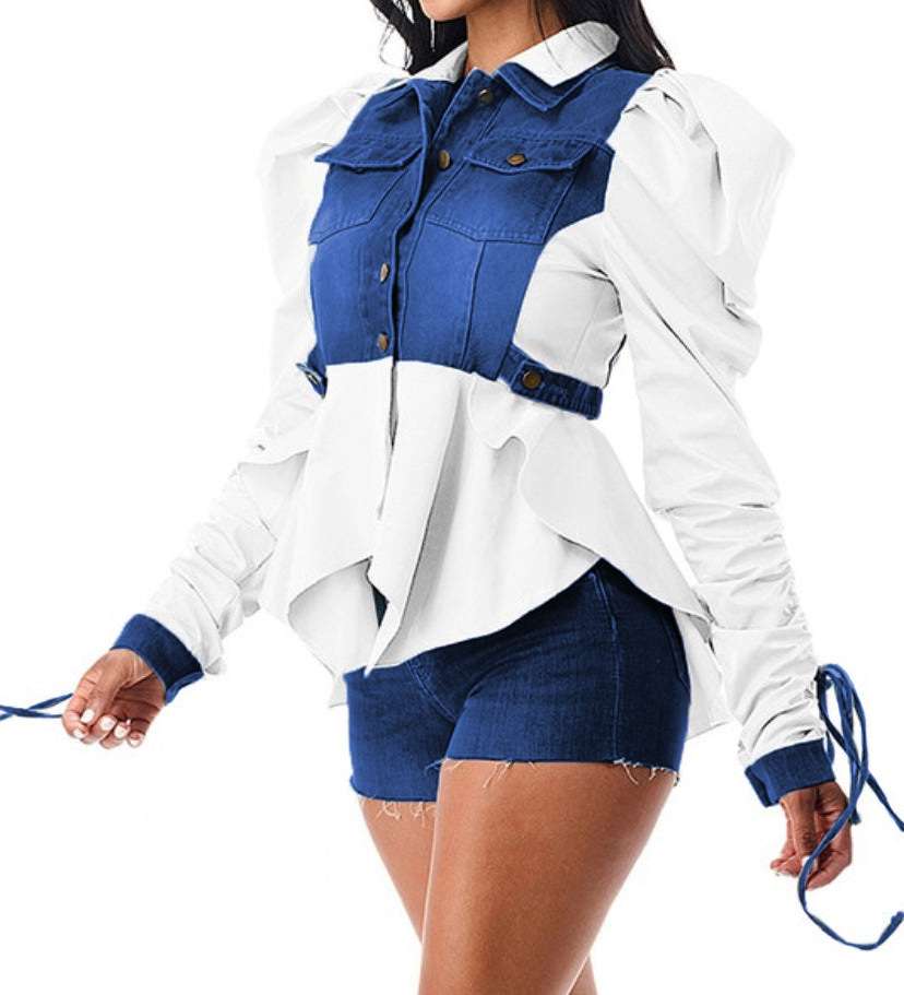 Button Down Patchwork Shirt  Jacket Crop Top - S, Multi White image