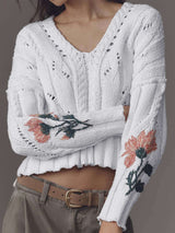 Cable Knit Sweater with Floral Embroidery - M, White image