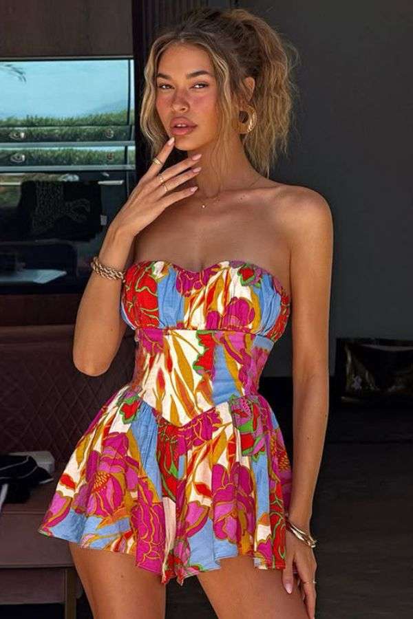 Colorful Floral Strapless Summer Dress image 1
