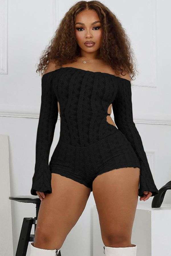 Solid Backless Slim-Fit Off-Shoulder Rompers - L, Black image