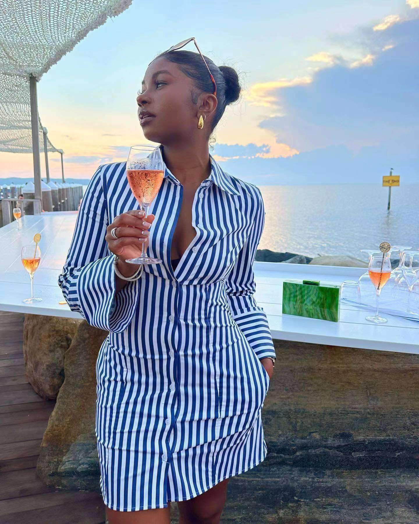 Striped Button Down Shirt Dress - L, Multi Blue image