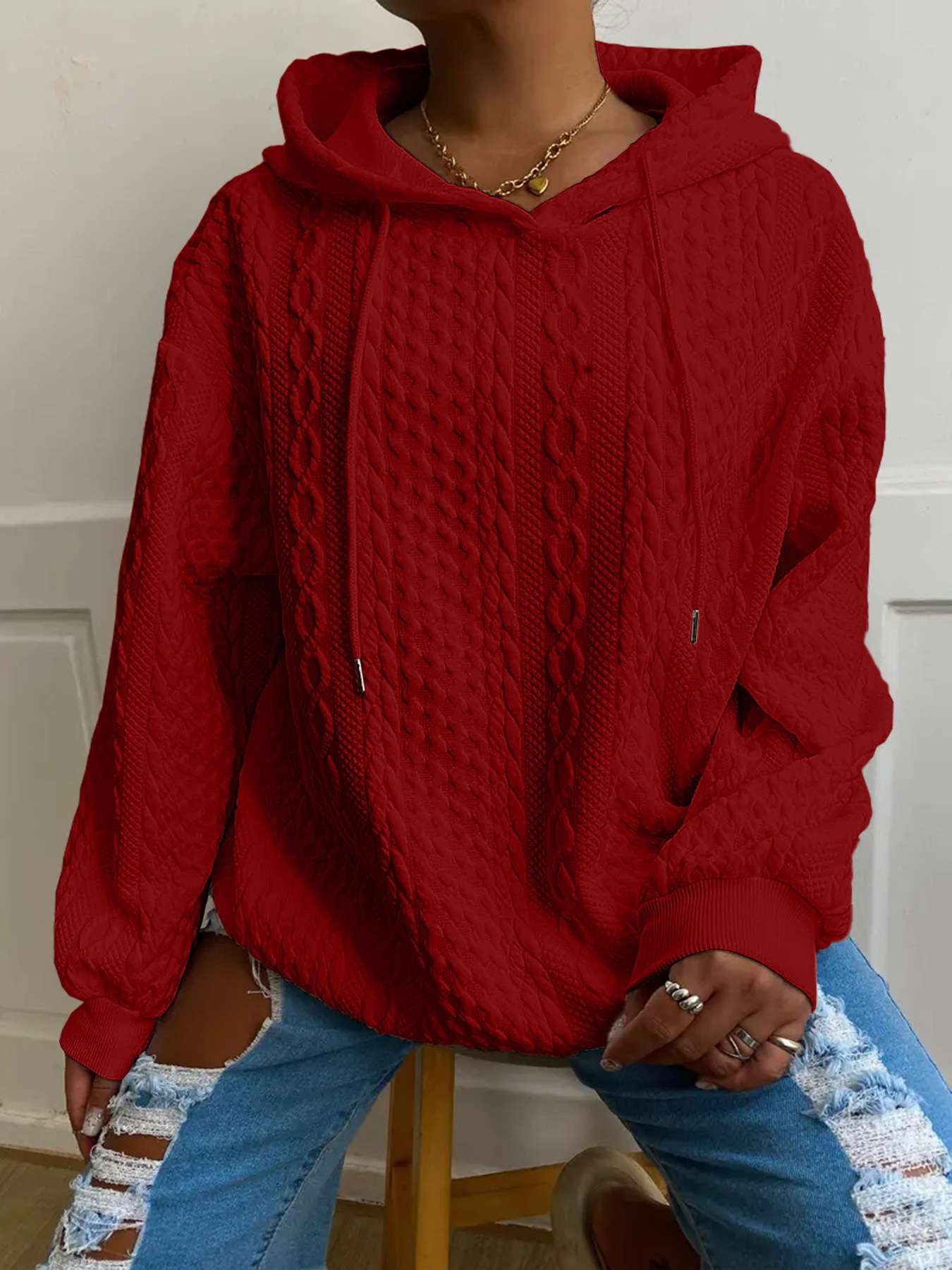 Cable Knit Hoodie - L, Red image