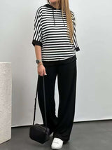 Casual Striped Oversized Top & Wide-Leg Pants - L, Black image