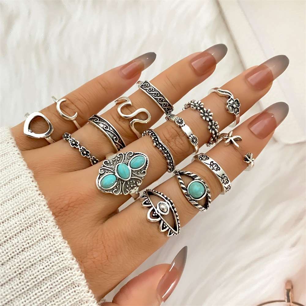 Punk Butterfly Flower Chain Finger Ring Set image 0