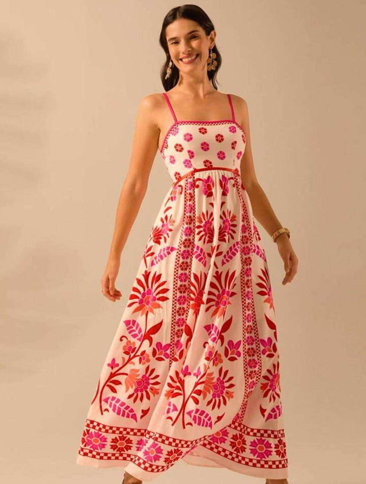 Floral Print Maxi Dress with Spaghetti Straps - L, Red image