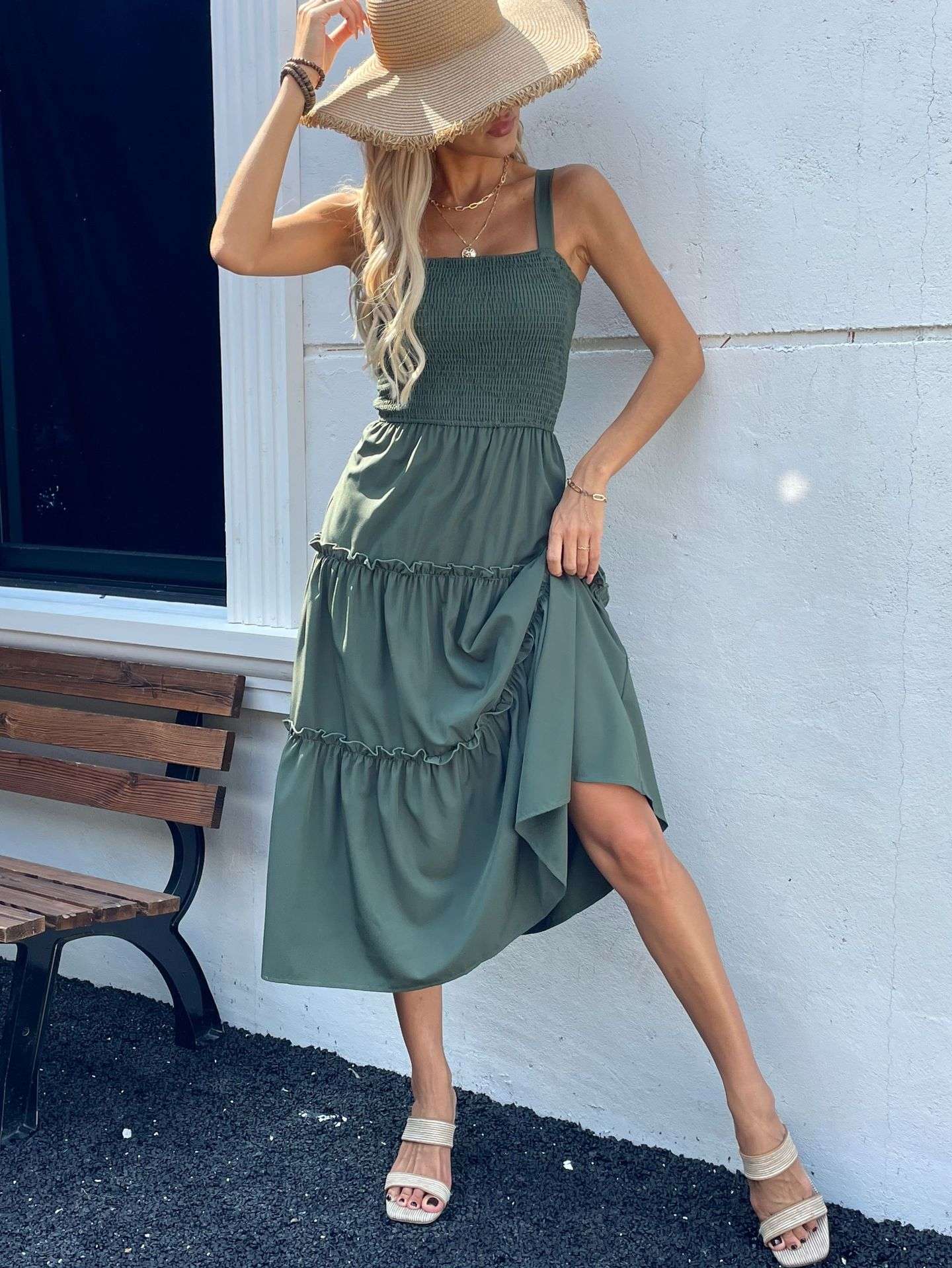 Smocked Maxi Dress with Ruffle Details - L, Green image