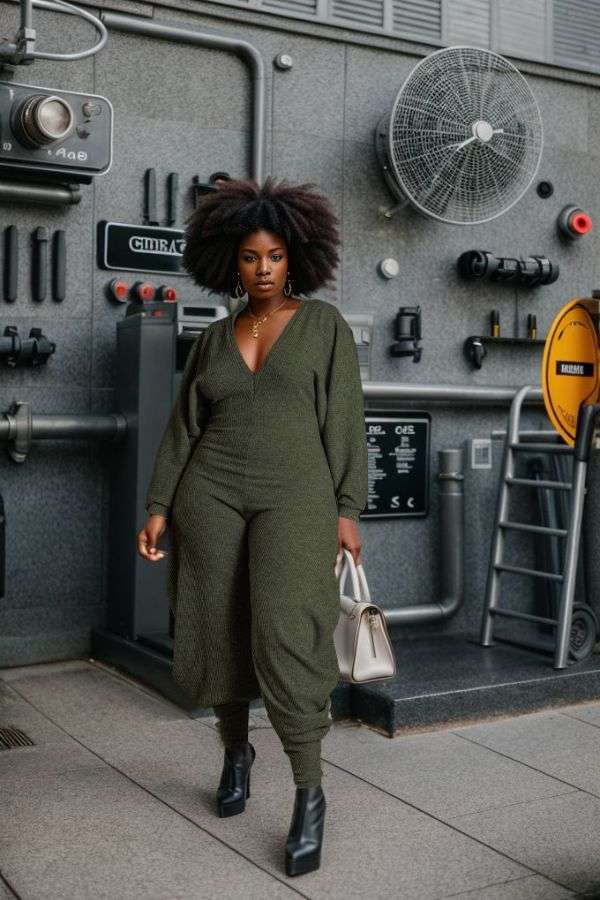 Solid Rib Knit V-Neck Jumpsuits - XL, Herbal Green image