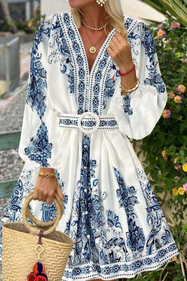 Boho Chic Blue and White Print Belted Dress image 1