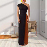 Elegant Two-Tone One-Shoulder Evening Gown - L, Black image