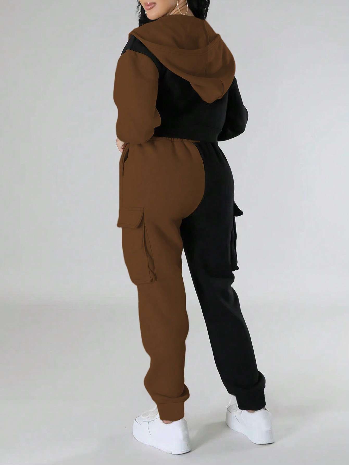Color Block Cropped Hoodie & Cargo Joggers Set image 5