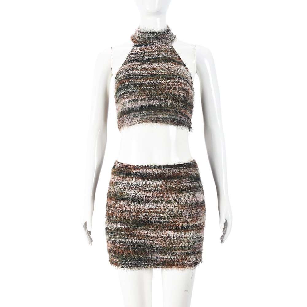 High Neck Backless Crop Top Mini Skirt Set image 2