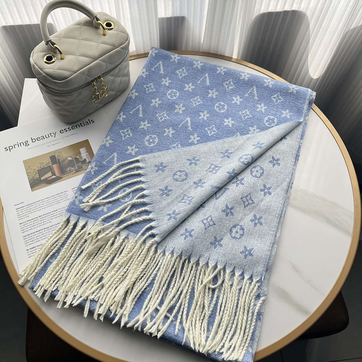 Contrast Monogram print Stole - Free Size, Iceberg Blue image