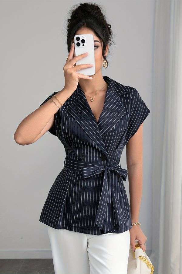 Pinstripe Sleeveless Blazer with Waist Tie - M, Dark Blue image