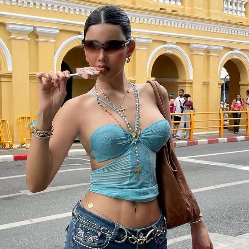 Sheer Blue Halter  Crop Top - L, Malibu Blue image