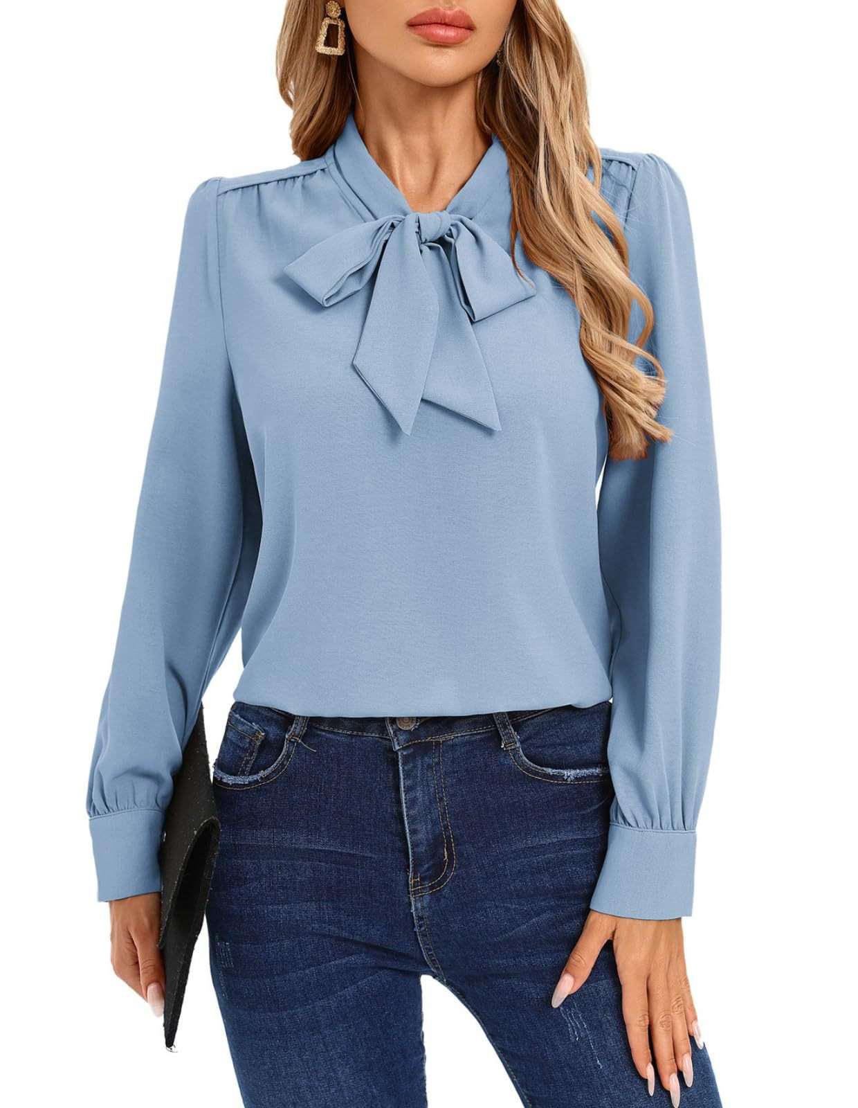 Long-Sleeve Blouse with Bow Tie Neck - S, Blue image