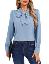 Long-Sleeve Blouse with Bow Tie Neck - S, Blue image