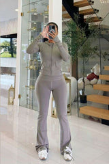 Sportswear Set with Zip-Up Hoodie & Flared Pants - S, Grey image