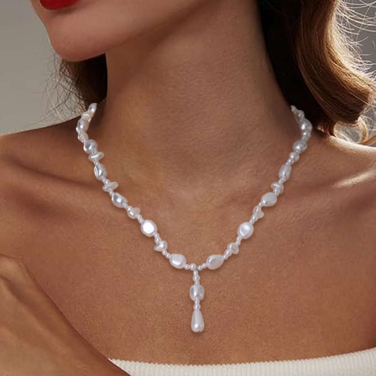 Elegant White Pearl Drop Necklace image 3