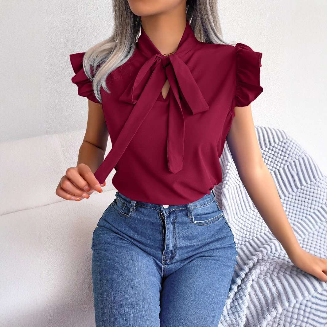 Ruffled Sleeve Bow Tie Blouse - M, Wine Red image