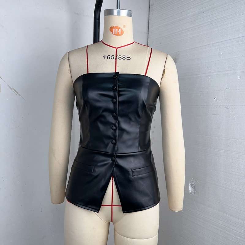 Black Faux Leather Strapless Corset Top image 4