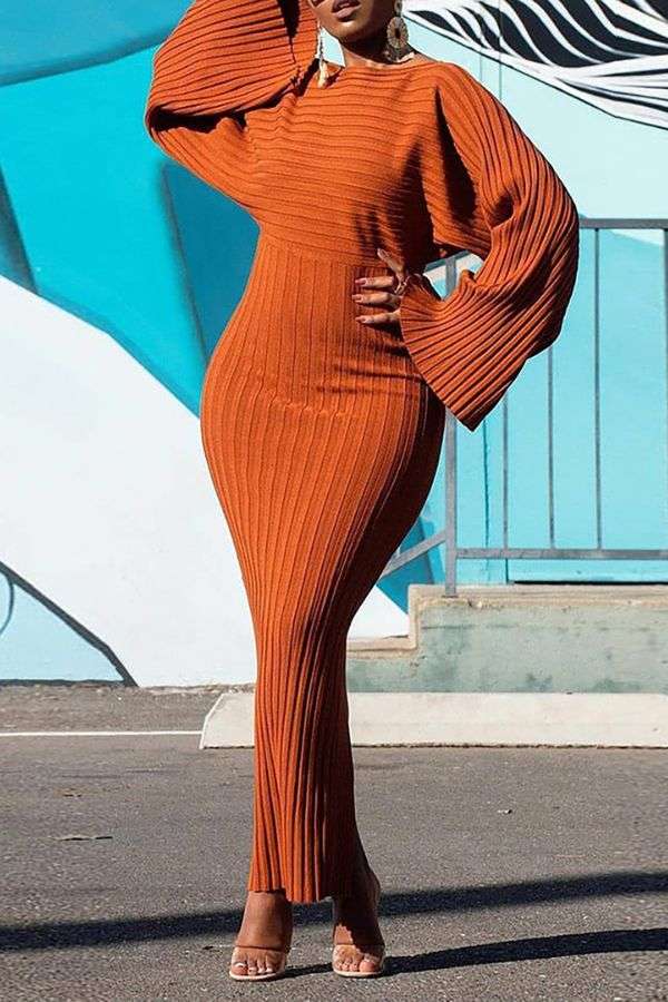 Long Sleeve Solid Pit Hip Dress - L, Cocoa Brown image