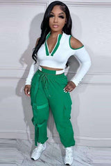 Splicing Cold Shoulder Set - S, Multi Green image