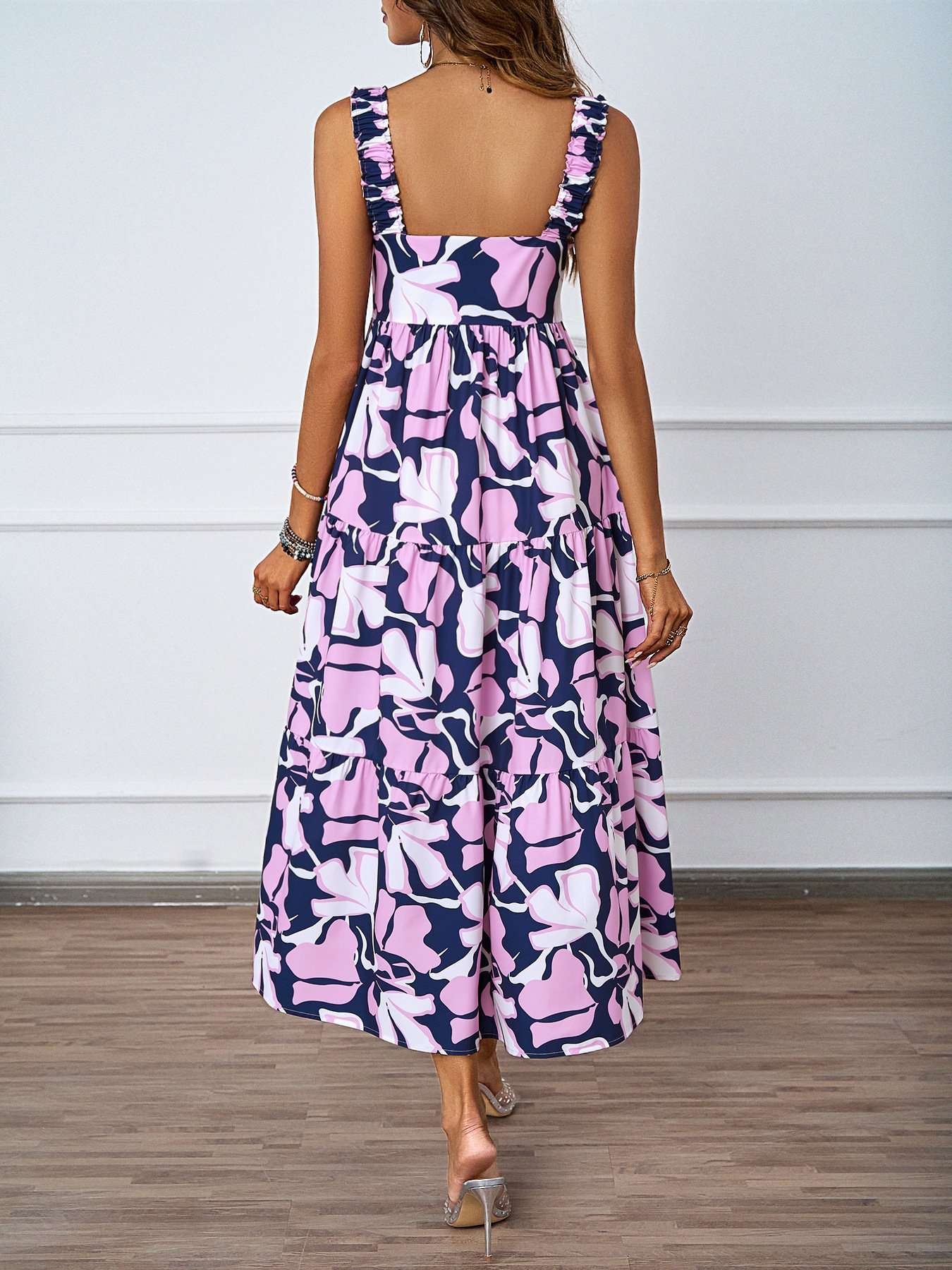 Tropical Leaf Print Ruffle Strap Midi Dress image 2