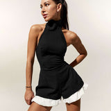 Sleeveless Turtleneck Romper with Ruffled Hem - L, Black image