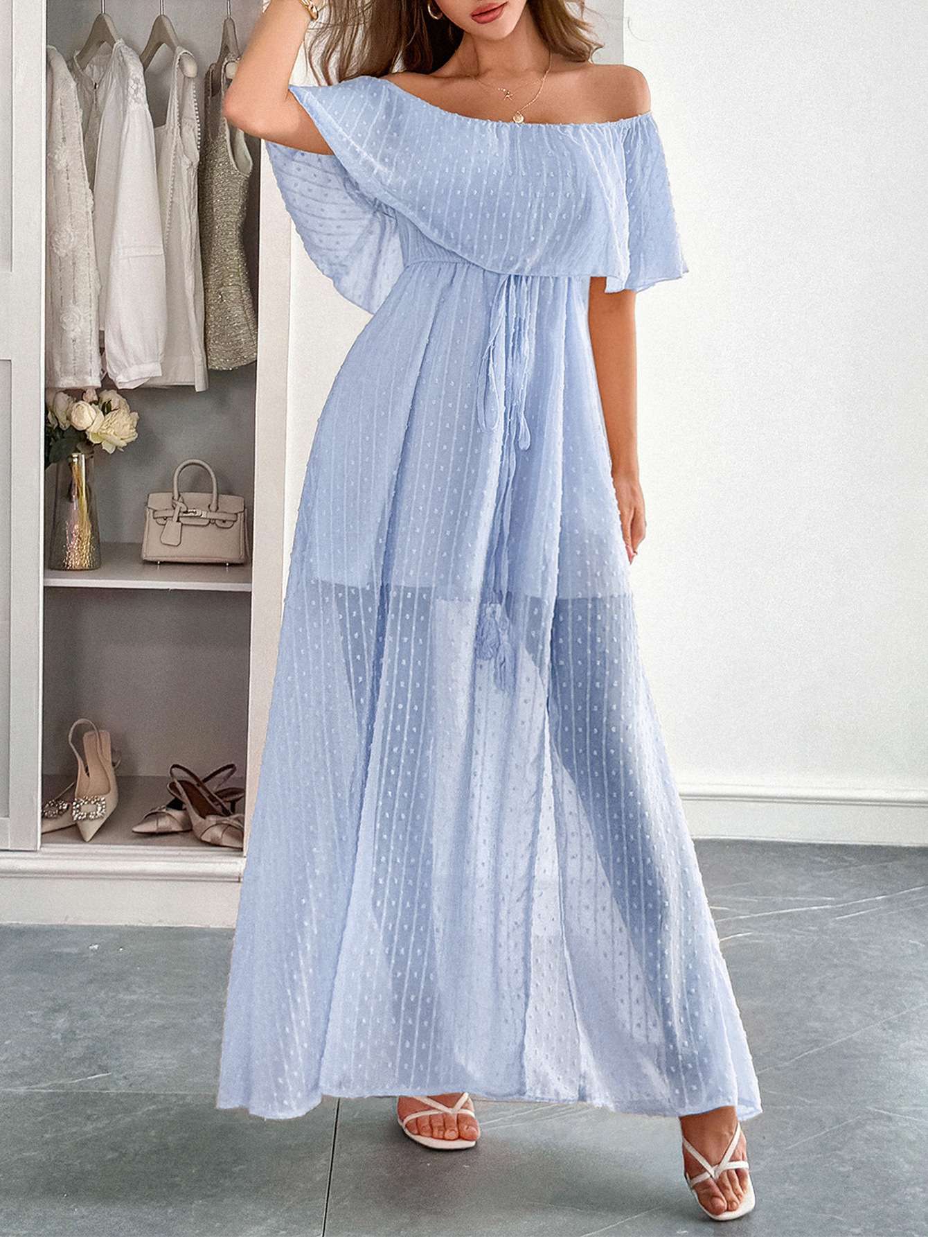Off-Shoulder Maxi Dress with Textured Detailing - L, Blue image