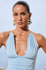 Pleated Halter Top with Gold Button Accents image 0