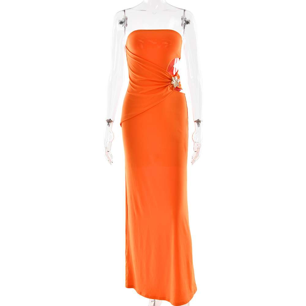Strapless Maxi Dress with Side Cutout - S, Orange image