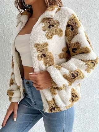 Cozy Teddy Bear Print Fleece Jacket image 3