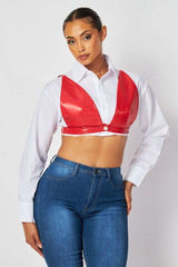 Long Sleeve Crop Top Shirt with Bra - S, Red image