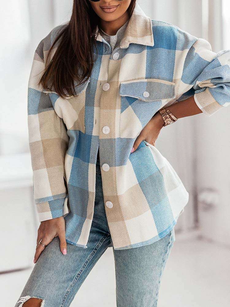 Fashion Brushed Plaid Shirts  Shacket - XL, Light Blue image