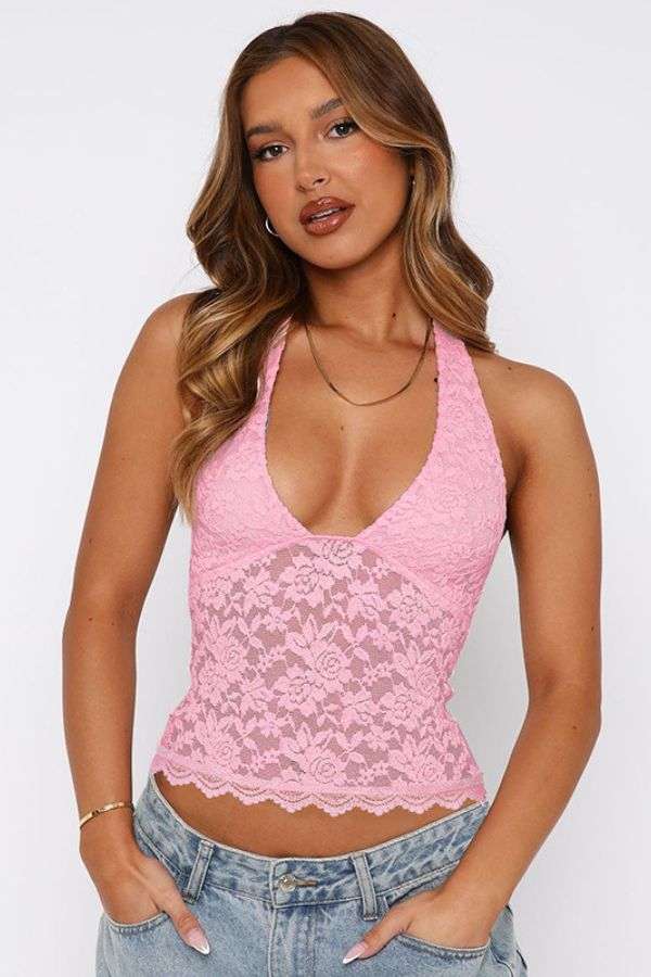 Cute Halter Mesh Lace  Crop Tank Top image 0