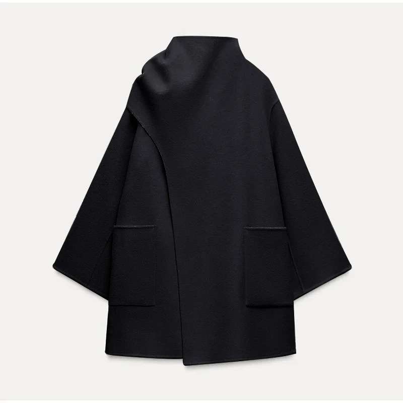 Scarf Collar Solid Midi Coat - L, Black image