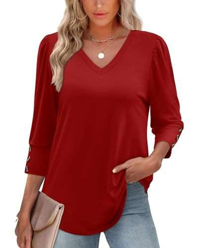V-Neck Blouse with Button-Accented Sleeves - L, Red image