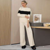Half Turtleneck Sweater Pullover Top Long Pants  Set - Cream Beige image