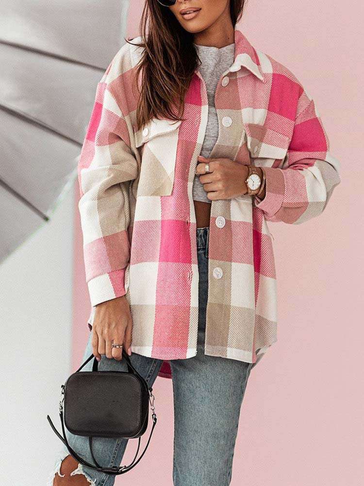 Fashion Brushed Plaid Shirts  Shacket - S, Multi Pink image