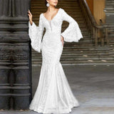 Floral Lace Flare Sleeve Party Maxi Dres - S, White image