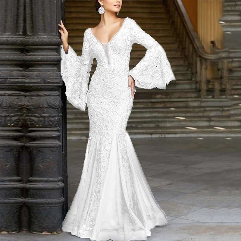 Floral Lace Flare Sleeve Party Maxi Dres - S, White image
