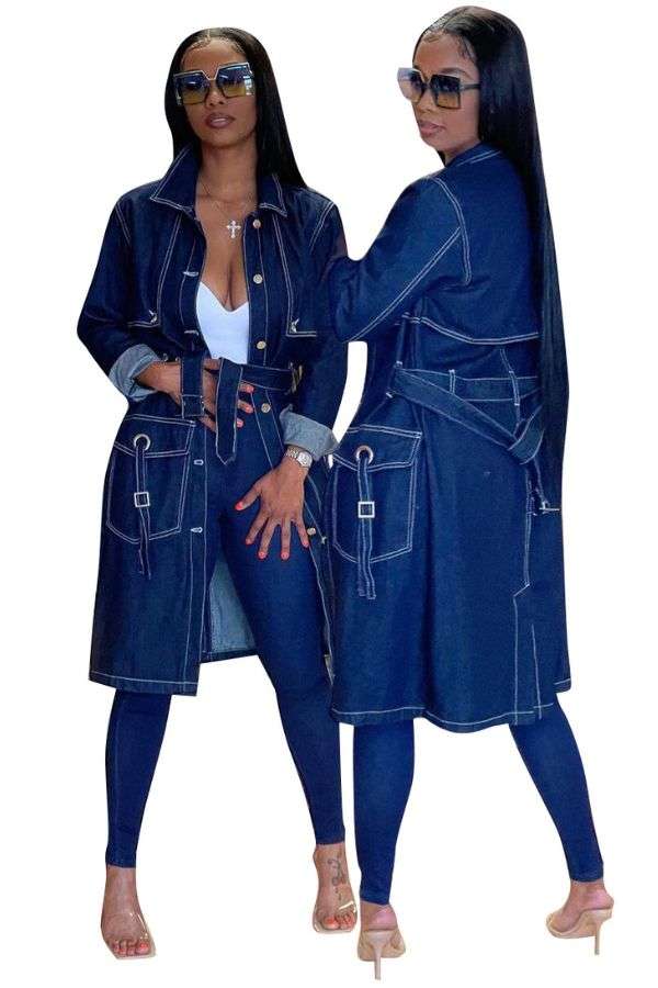 Classic Long Denim Trench Coat with Belt - M, Denim Blue image